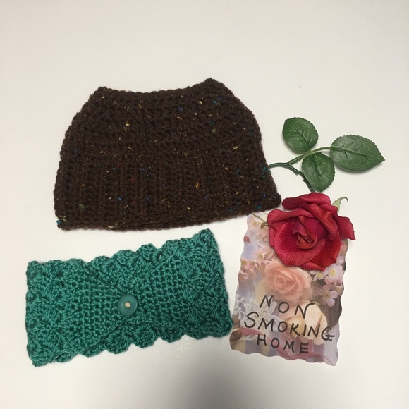 PONYTAIL TOBOGGAN BEANIE BROWN SPECKLED & GREEN HEADBAND HANDMADE - Picture 6 of 7